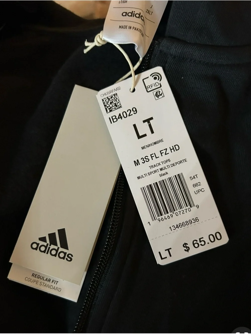 Men’s  Black Zip-Up Hoodie Jacket with White Three-Stripes - Picture 5 of 7